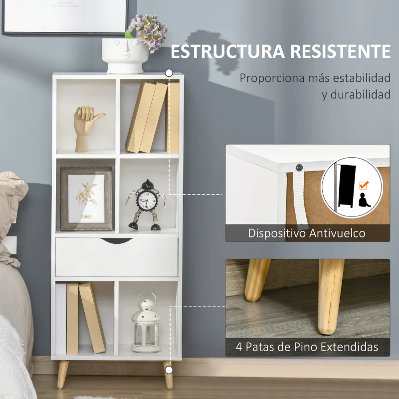 HOMCOM Estantería para Libros con 1 Cajón y Patas de Madera 6 Compartimentos Abiertos de Almacenaje 50x29,5x120 cm Blanco
