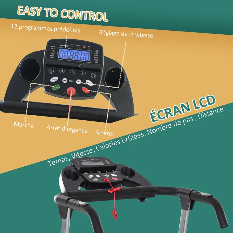 HOMCOM Tapis de course électrique pliant 440 W tapis roulant motorisé vitesse réglable 1-10 Km/H écran LCD multifonctions 12 programmes prédéfinis support iPad porte-gobelets châssis acier noir argent