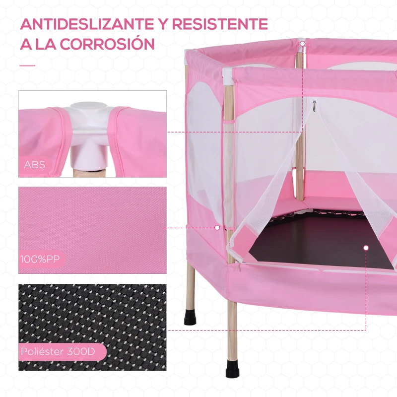 HOMCOM Cama Elástica para Niños de 3 Años Trampolín Infantil con Red de Seguridad para Interior Carga 80 kg 126x109x98 cm Rosa