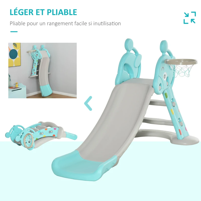 HOMCOM Toboggan Enfant avec Panier de Basket-Ball Échelle d'escalade pour enfant +18 mois Usage intérieur et extérieur Charge Max 20KG dim. 147L x 82l x 85,5H cm Bleu et Gris