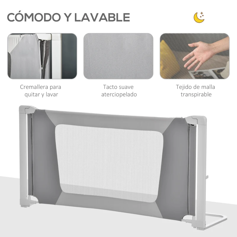HOMCOM Barrera de Cama para Niños 150 cm Ajustable en Altura Acceso Unilateral Protección Anticaídas Infantil con Marco de Aluminio 150x44x77,5-104,5 cm Gris