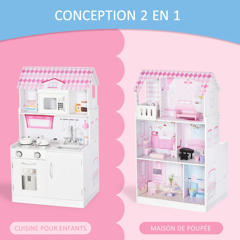 HOMCOM Cuisine Bois Jeu d'imitation - Maison de poupée Cuisine Enfant 2 en 1 - Nombreux Accessoires & rangements Inclus - MDF pin Rose Blanc