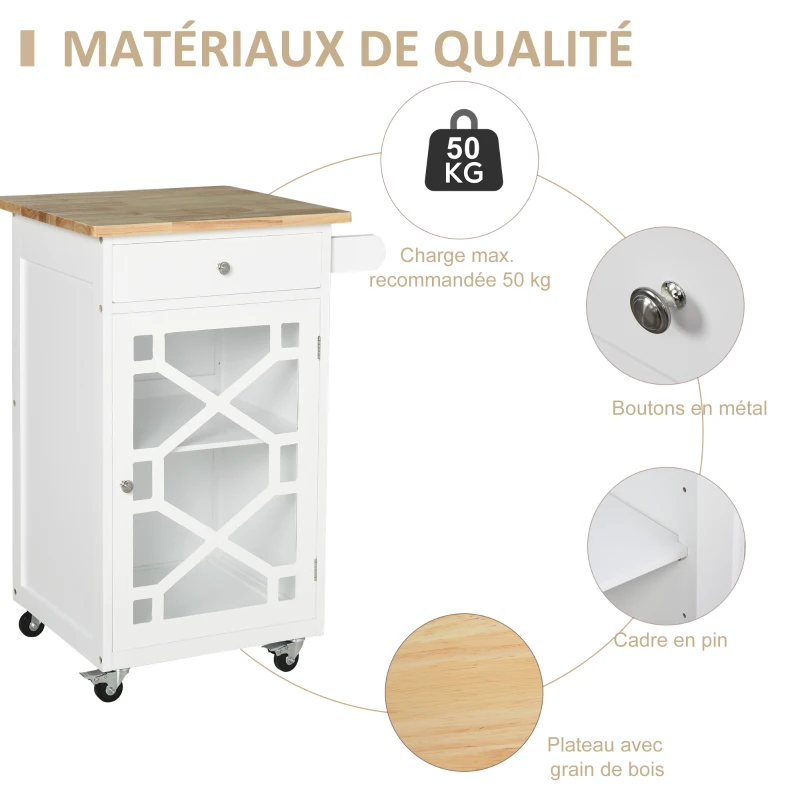 HOMCOM Chariot de service - desserte de cuisine à roulettes - tiroir, placard, porte-serviette - dim. 63L x 45l x 86H cm - structure en bois blanc