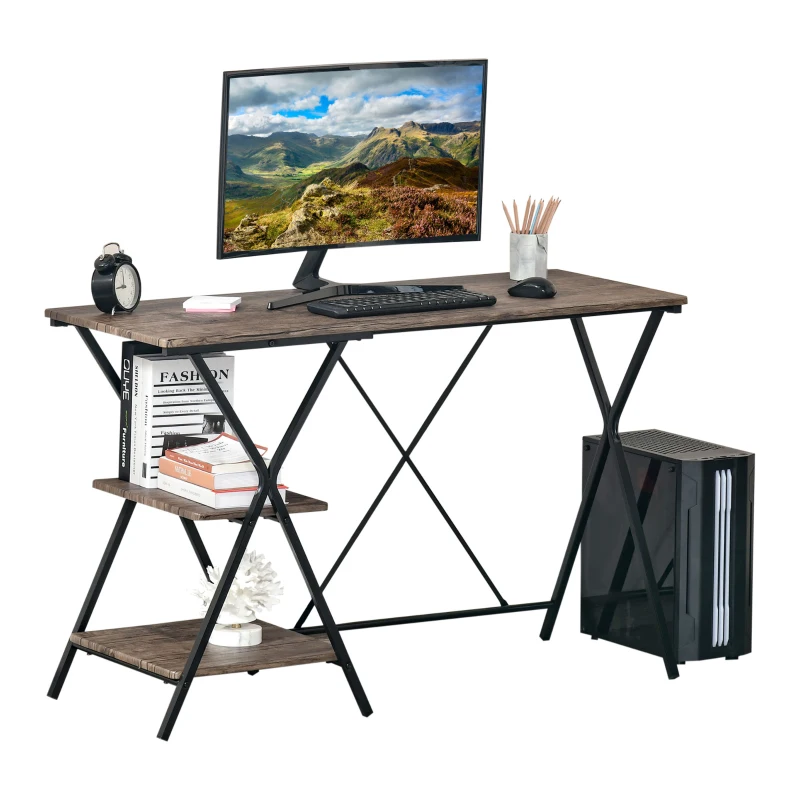 HOMCOM Bureau Informatique Design Industriel 2 étagères châssis piètement croisé métal Noir MDF Aspect Bois Brun