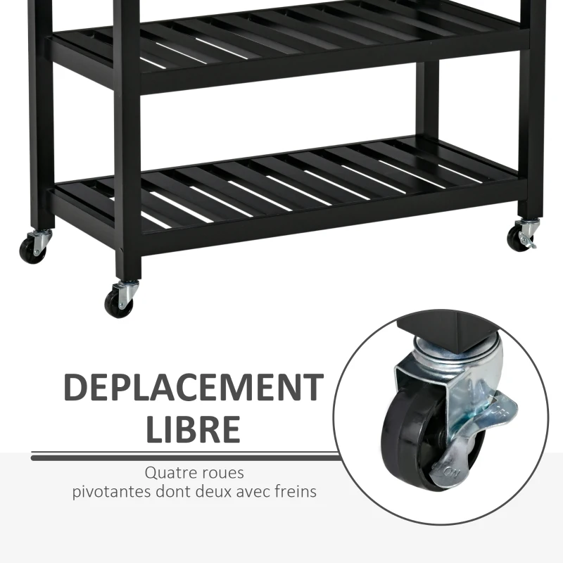 HOMCOM Chariot de service desserte de cuisine à roulettes 2 étagères 2 tiroirs noir bois naturel
