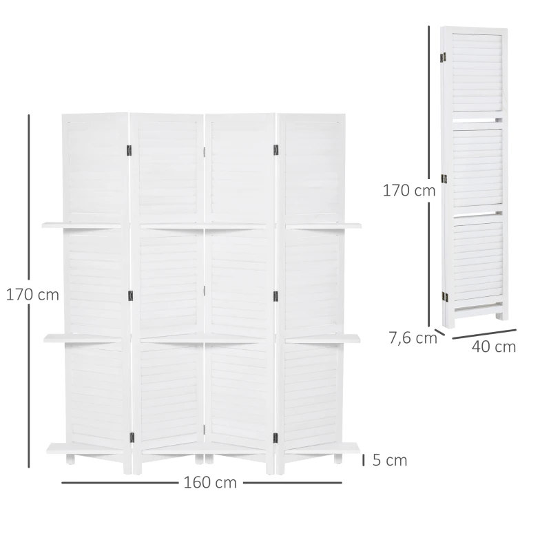 HOMCOM Biombo Separador de Madera de 4 Paneles Divisor de Habitaciones Plegable con 3 Estantes Extraíbles Diseño Persiana para Dormitorio Oficina 160x170 cm Blanco