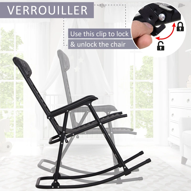 Outsunny Fauteuil à Bascule Rocking Chair Pliable de Jardin dim. 94L x 64l x 110H cm Acier époxy textilène Gris chiné