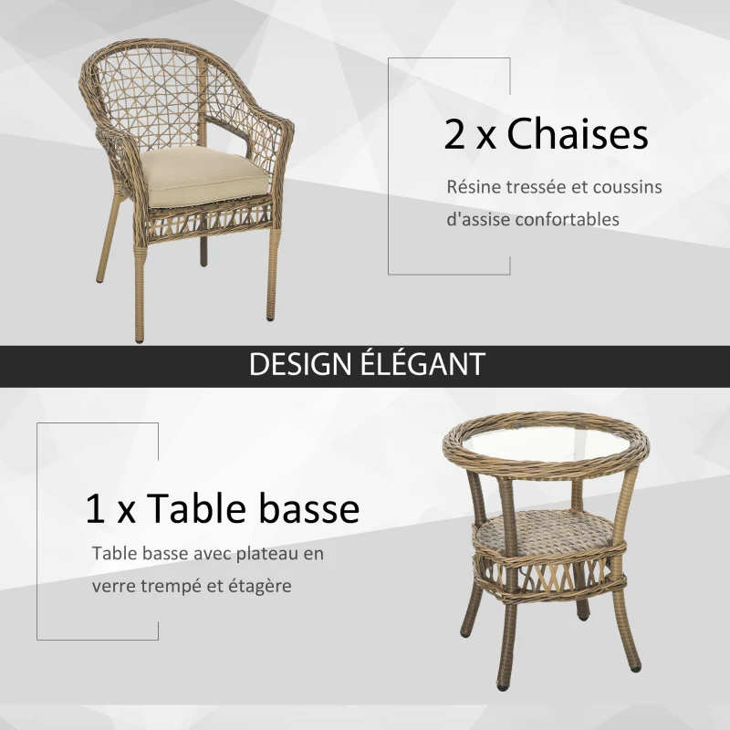 Outsunny Ensemble bistro de jardin style bohème chic 2 fauteuils avec coussins + table basse résine tressée beige