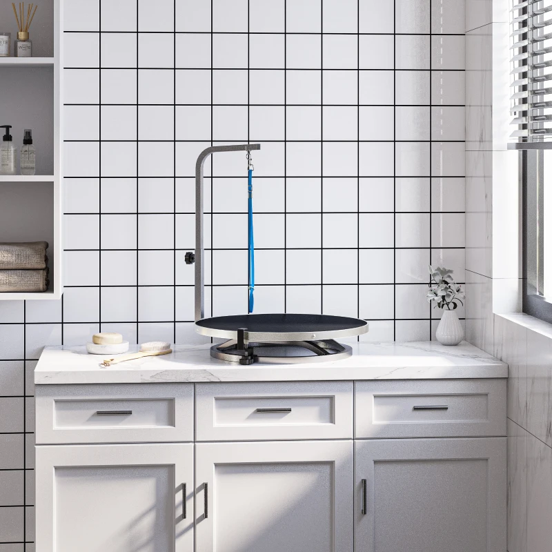 PawHut Round Pet Grooming Table Rotatable Dog Drying Table Adjustable Arm Stainless Steel Frame Safety Leash Φ55 cm Black