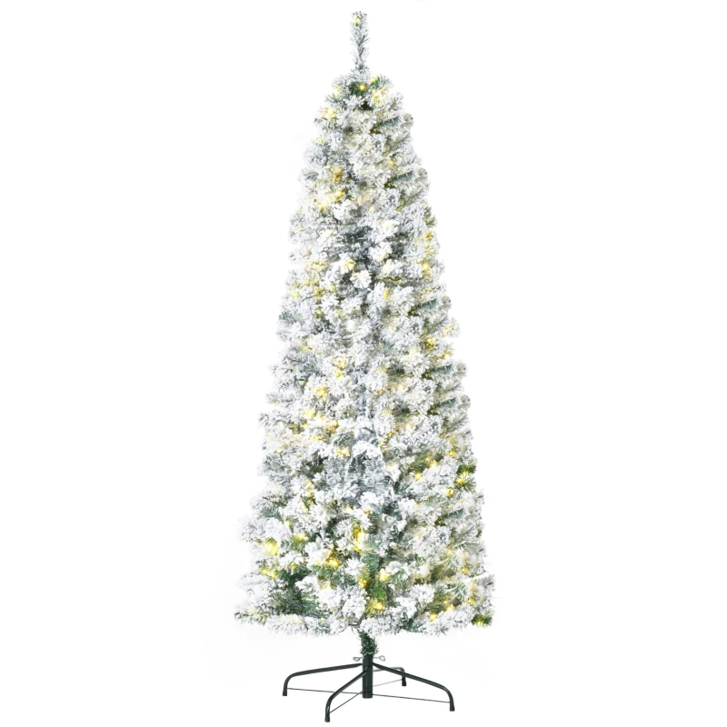 HOMCOM 6FT Prelit Artificial Snow Flocked Christmas Tree with Warm White LED Light, Holiday Home Xmas Decoration, Green White