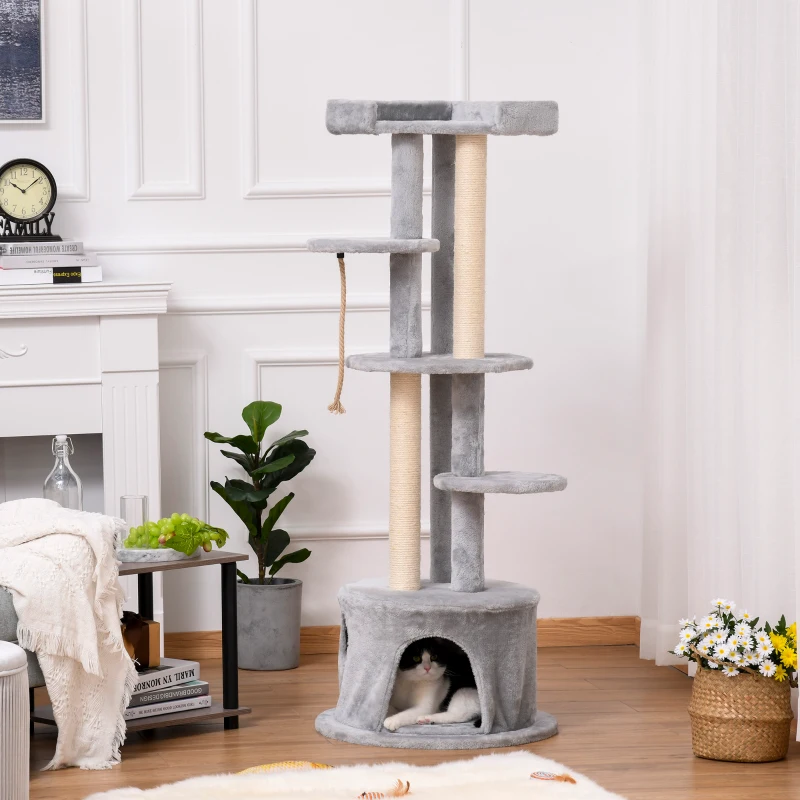 PawHut Cat Tree for Indoor Cats Kitten Tower Multi-level Activity Centre Pet Furniture with Scratching Post Condo Hanging Ropes Plush Perches Grey