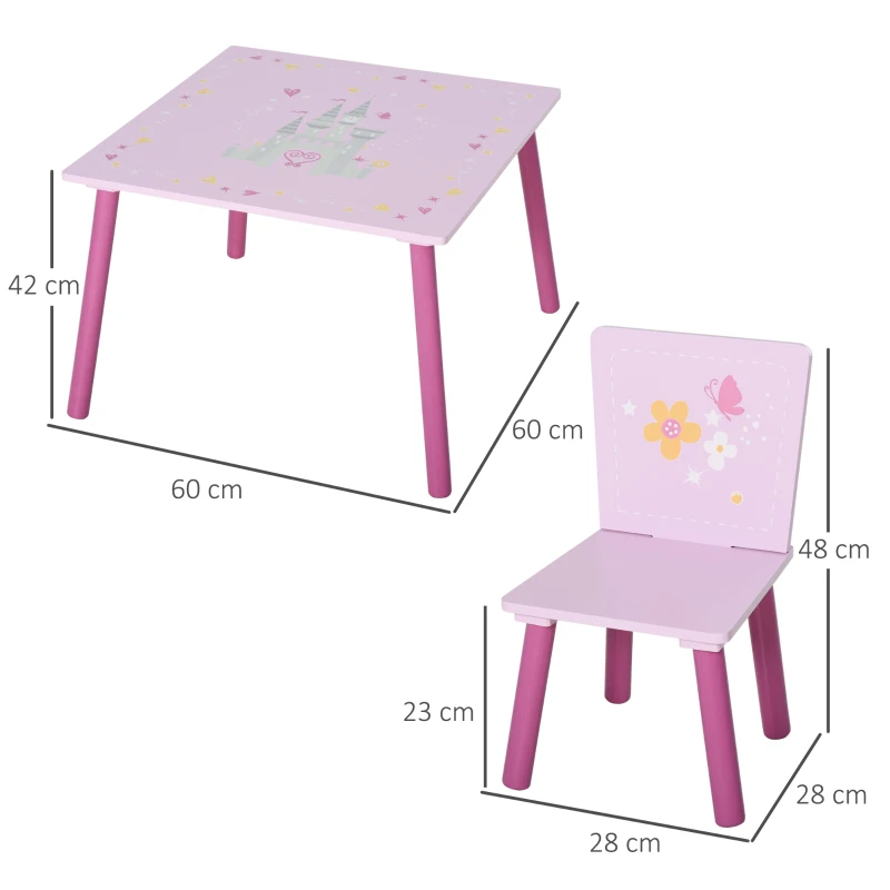 HOMCOM Ensemble Table et 2 Chaises Enfant Bureau pour Enfant Table de Jeu Design Princesse Motif château Bois pin MDF Rose