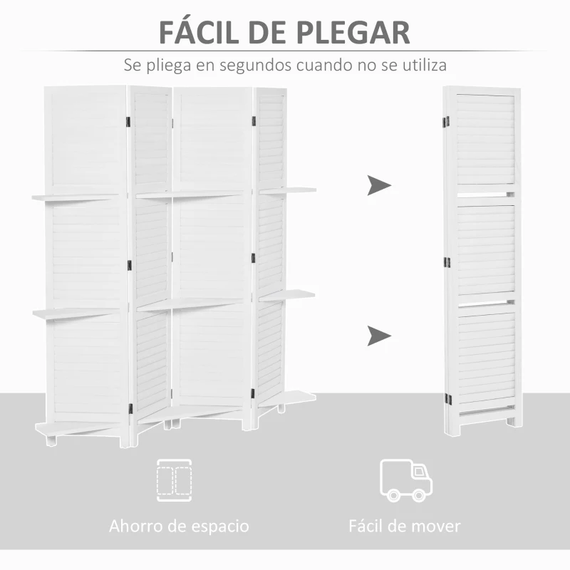 HOMCOM Biombo Separador de Madera de 4 Paneles Divisor de Habitaciones Plegable con 3 Estantes Extraíbles Diseño Persiana para Dormitorio Oficina 160x170 cm Blanco