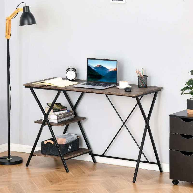 HOMCOM Bureau Informatique Design Industriel 2 étagères châssis piètement croisé métal Noir MDF Aspect Bois Brun