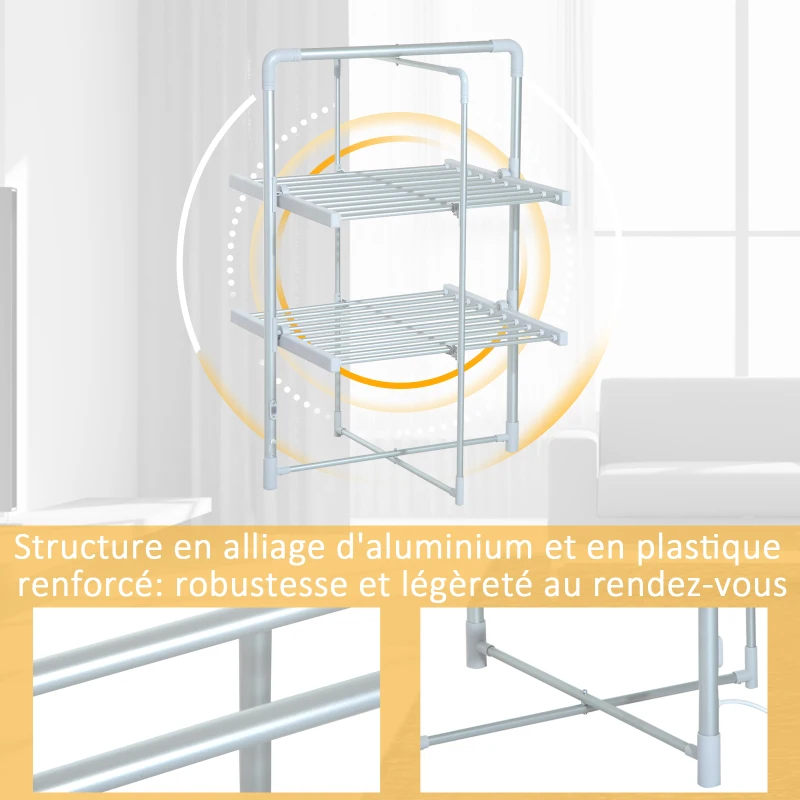HOMCOM Séchoir à linge étendoir à linge électrique chauffant pliable 2 niveaux 200 W 50-55° C aluminium