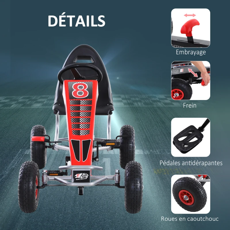 HOMCOM Kart à pédales Go-Kart Enfants 129L x 59l x 70H cm Ø Roues 26 cm siège Ergonomique Rouge