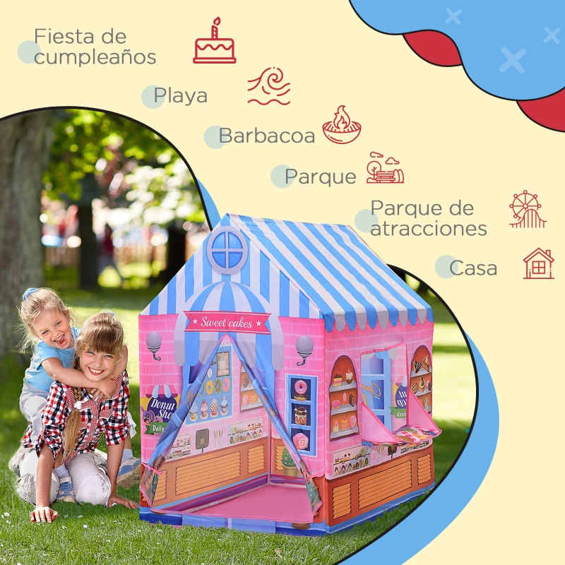 HOMCOM Tienda de Campaña para Niños Casita Infantil Tipi Infantil Tipo Pastelería Regalo para Niños de 3 Años 93x69x103 cm Rosa