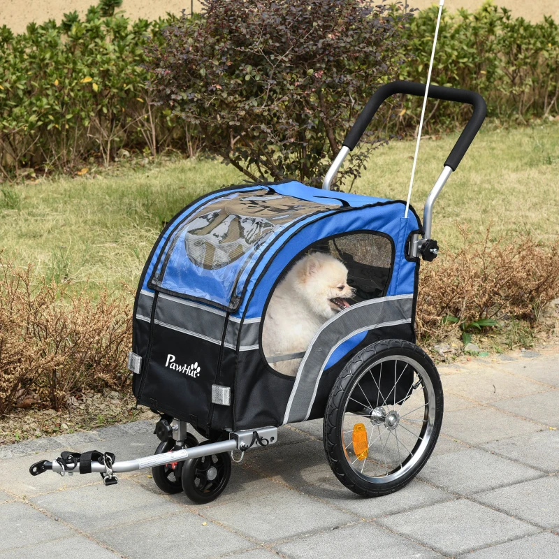 PawHut 2-in-1 Dog Bike Trailer Pet Cart Carrier Stroller for Bicycle with 360° Rotatable Front Wheel, Reflectors, Weather Resistant Canopy, Hitch Coupler, Flag, Blue