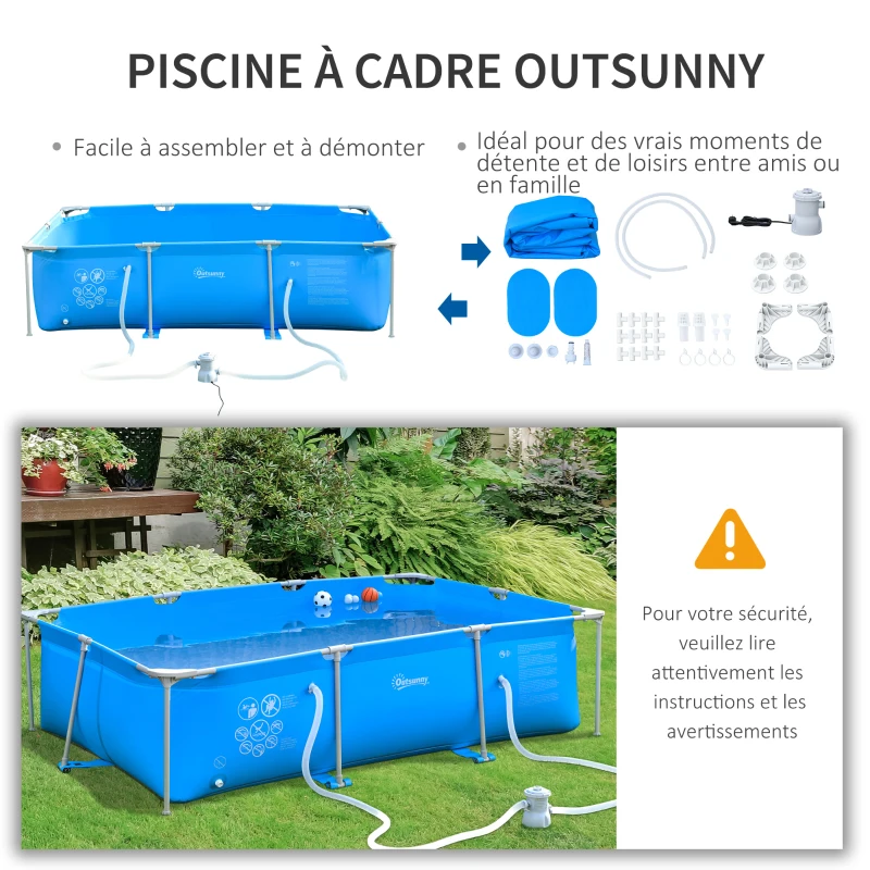 Outsunny Piscine Tubulaire Hors Sol rectangulaire Cadre en métal avec Filtre 292L x 190l x 75H cm Bleu