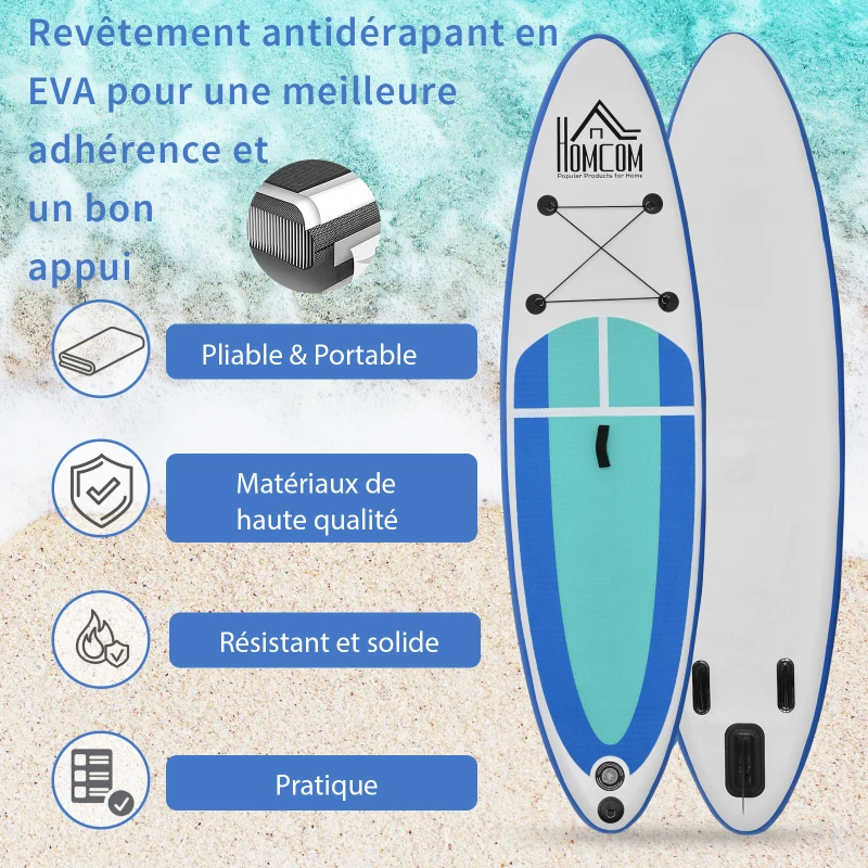 HOMCOM Stand up paddle gonflable surf planche de paddle pour adulte dim. 305L x 75l x 15H cm nombreux accessoires fournis PVC