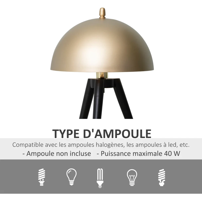 HOMCOM Lampe de bureau lampe de chevet aspect élégant et moderne avec abat-jour en bol doré et base de trépied noir pour chambre à coucher bureau salle d'étude
