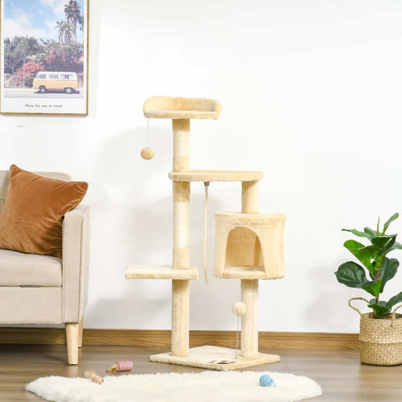 PawHut Cat Tree for Indoor Cats Pet Activity Centre Kitty Condo Climbing Scratching Post with Toys 4-tier 114cm Tall Beige