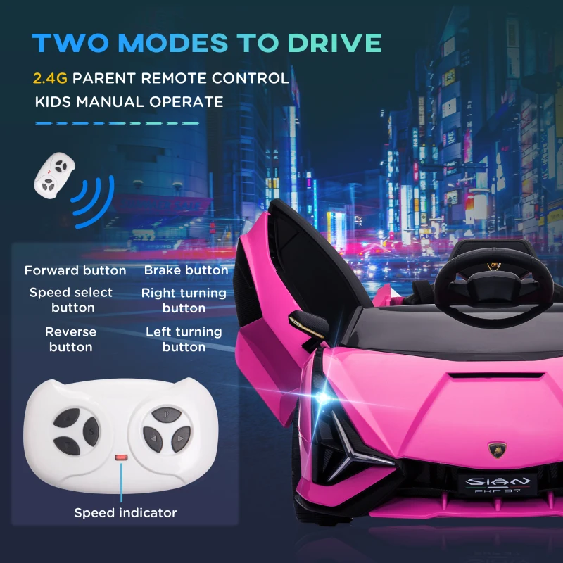 HOMCOM Lamborghini Sian Licensed 12V Kids Electric Ride On Car 2 Motors Toy Car with Remote Control Music Lights MP3 for 3-5 Years Pink
