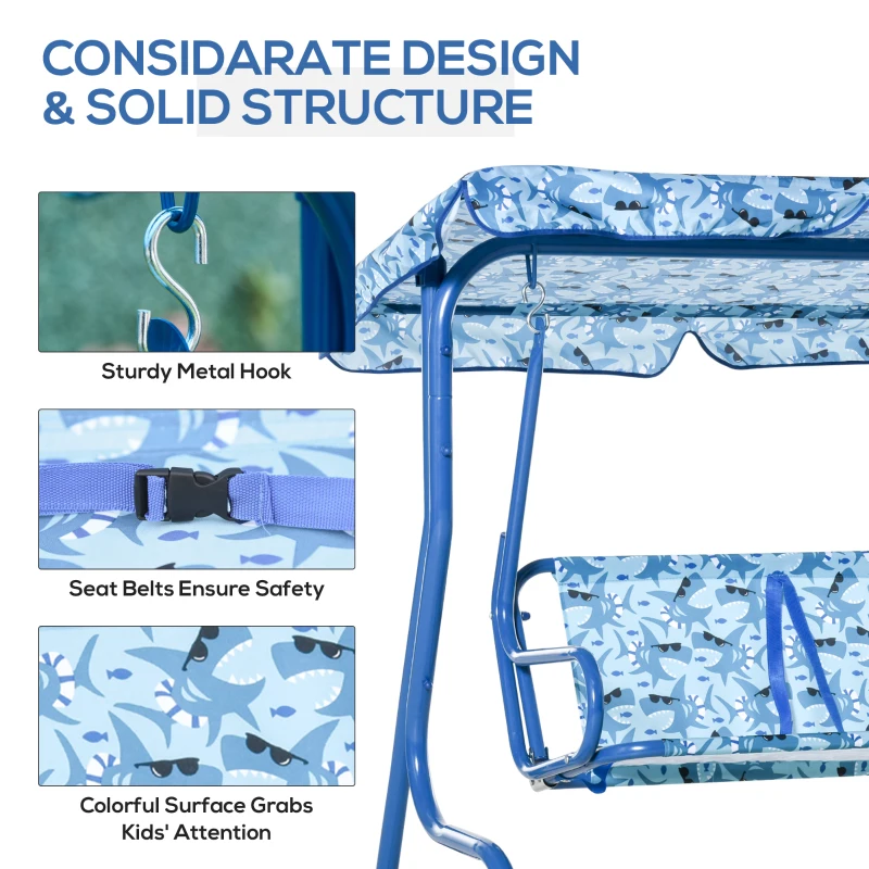 Outsunny 2 Seater Kids Swing Chair Double Garden Swing Seat w/ Belt Adjustable Canopy Fun Toddler Glider Hammock Lounge Backyard Blue