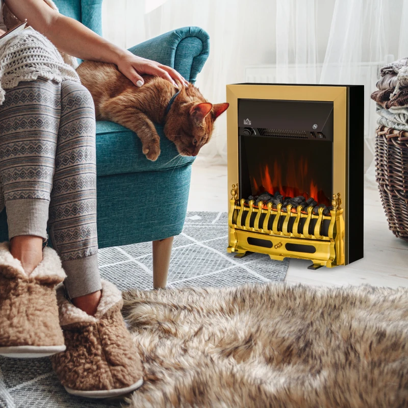 HOMCOM Contemporary Electric Fireplace Coal Burning Flame Effect Inset Fire Place Space Heater Glass View LED Lighting, 1000W/2000W, Golden