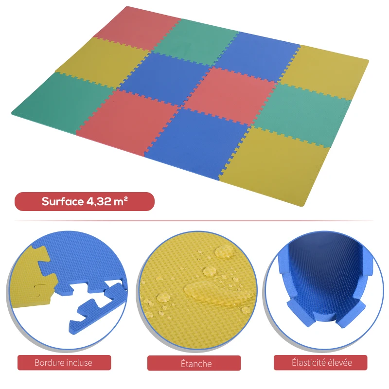 HOMCOM Tapis de Sol en Mousse Tapis Puzzle interconnectables dim. 63L x 63l x 1H cm 12 pièces Grande Surface 4,32 m² Multicolore