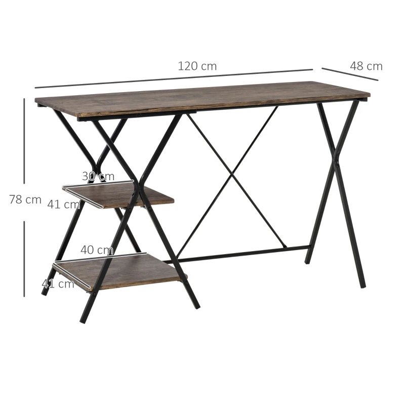 HOMCOM Bureau Informatique Design Industriel 2 étagères châssis piètement croisé métal Noir MDF Aspect Bois Brun
