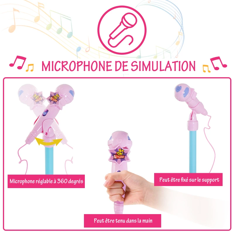 HOMCOM Micro sur Pied Micro karaoké Enfant Hauteur réglable 90-110 cm Interface MP3 Prise Casque Effets sonores Rose
