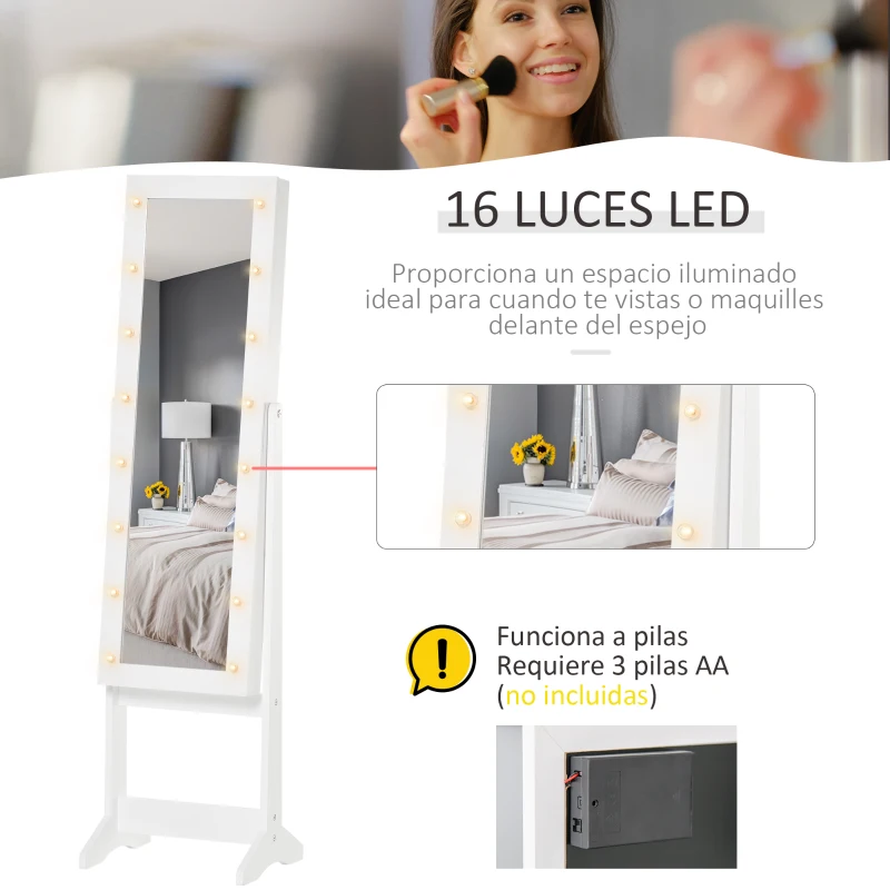 HOMCOM Espejo Joyero de Pie con 16 Luces LED y Ángulo Ajustable Organizador de Joyas con Estantes 36x30x136 cm Blanco Cálido