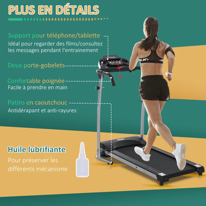 HOMCOM Tapis de course électrique pliant 440 W tapis roulant motorisé vitesse réglable 1-10 Km/H écran LCD multifonctions 12 programmes prédéfinis support iPad porte-gobelets châssis acier noir argent