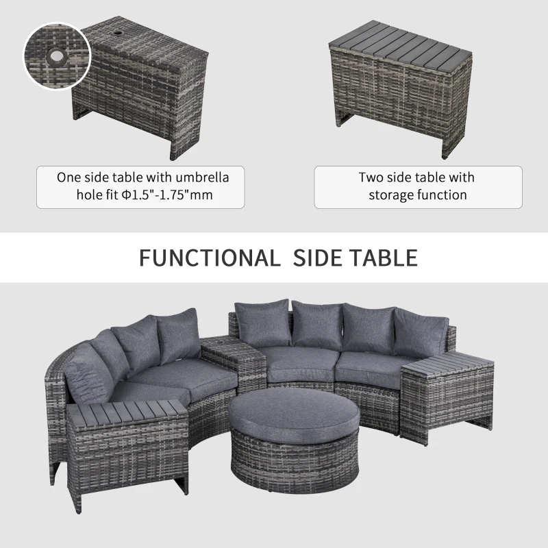Outsunny 8 Pieces Outdoor PE Rattan Patio Sofa Set Half Round Conversation Furniture Set w/ Umbrella Hole and Two Stroage Functional Side Tables and Cushioned, Grey