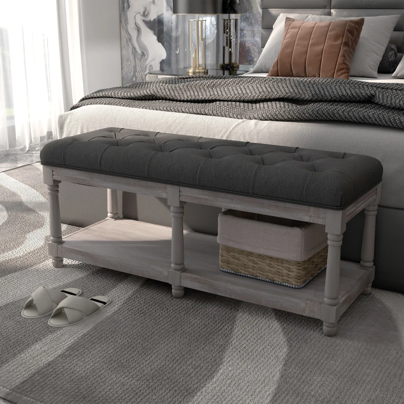HOMCOM 2-Tier Bed End Bench, Vintage Stool, Wooden Window Seat with Storage Shelf, Button Tufted Upholstered Footstool for Living Room, Bedroom, Entryway, Grey