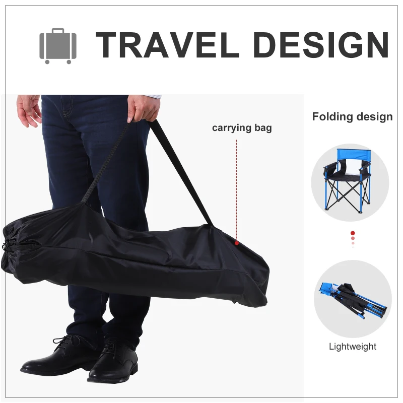 Outsunny Folding Fishing Camping Chair Portable Picnic Armchair Director Seat Oxford Metal Frame with Cup Holder, Phone Pocket - Blue