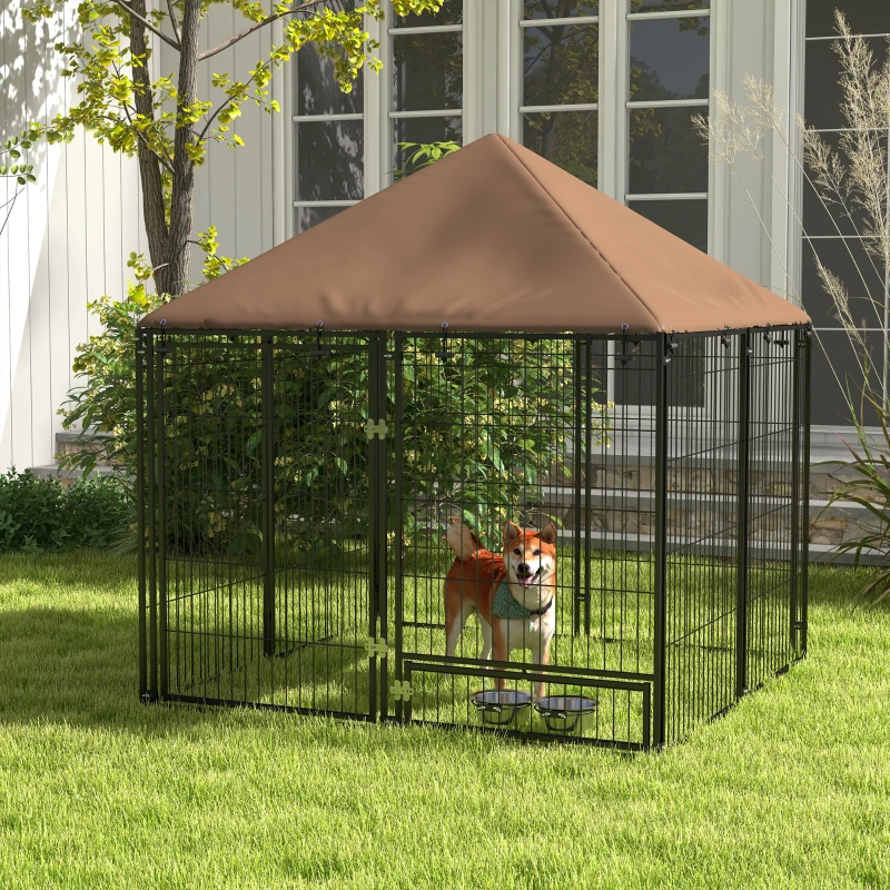 PawHut Outdoor Dog Kennel Puppy Play Pen with Canopy Garden Playpen Fence Crate Enclosure Cage Rotating Bowl 141 x 141 x 151 cm