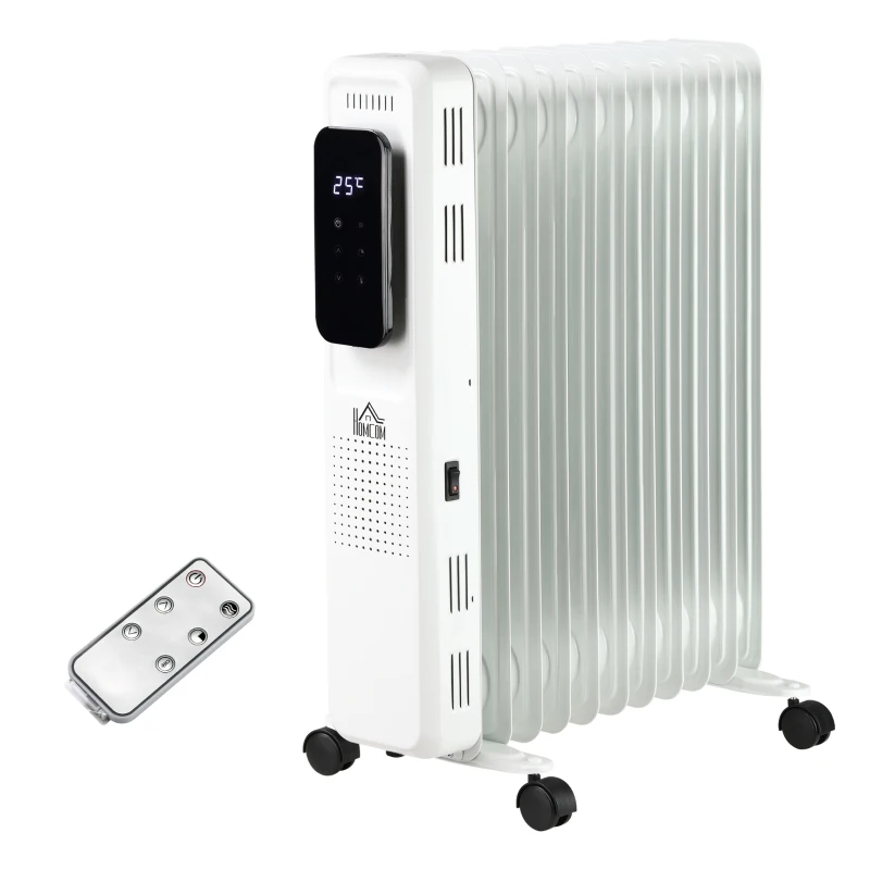 HOMCOM 2500W Oil Filled Radiator, 11 Fin Portable Electric Heater with LED Display, 24H Timer, 3 Heat Settings, Adjustable Thermostat, Safety Cut off, Remote Control, White
