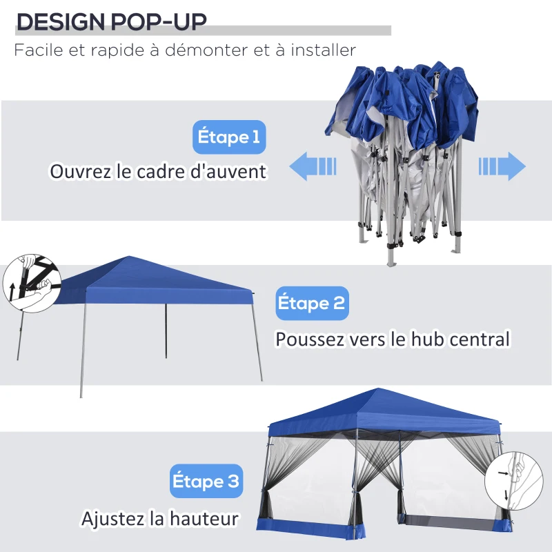 Outsunny Tonnelle 3 x 3 m barnum automatique pop-up 4 moustiquaires amovibles 2 zippées bleu