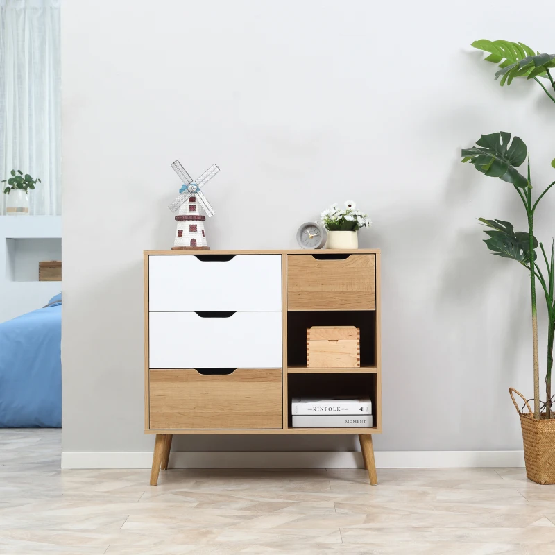 HOMCOM Buffet de salle à manger et cuisine Commode Meuble de Rangement sur Pieds avec 4 tiroirs 2 niches Style scandinave Blanc Aspect Bois Clair