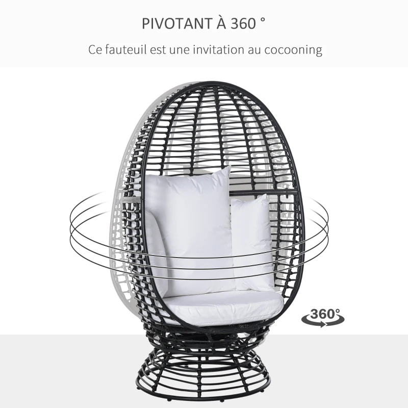 Outsunny Fauteuil rond de jardin fauteuil cocon pivotant grand confort coussins inclus polyester blanc résine tressée noire