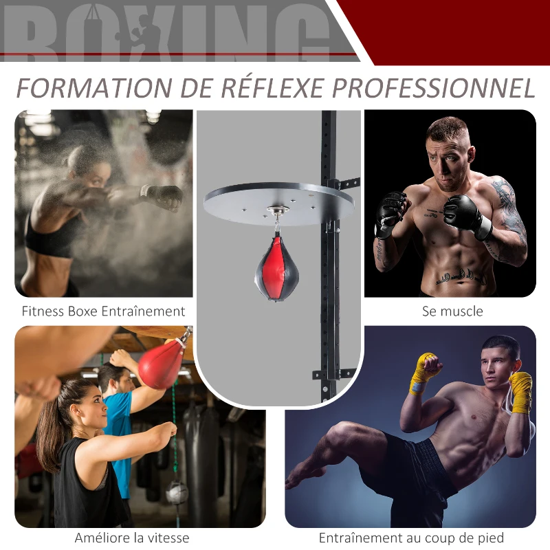 HOMCOM Punching Ball Poire de Vitesse Boxe avec Support Plateau tournant Composite Acier revêtement synthétique Rouge Noir