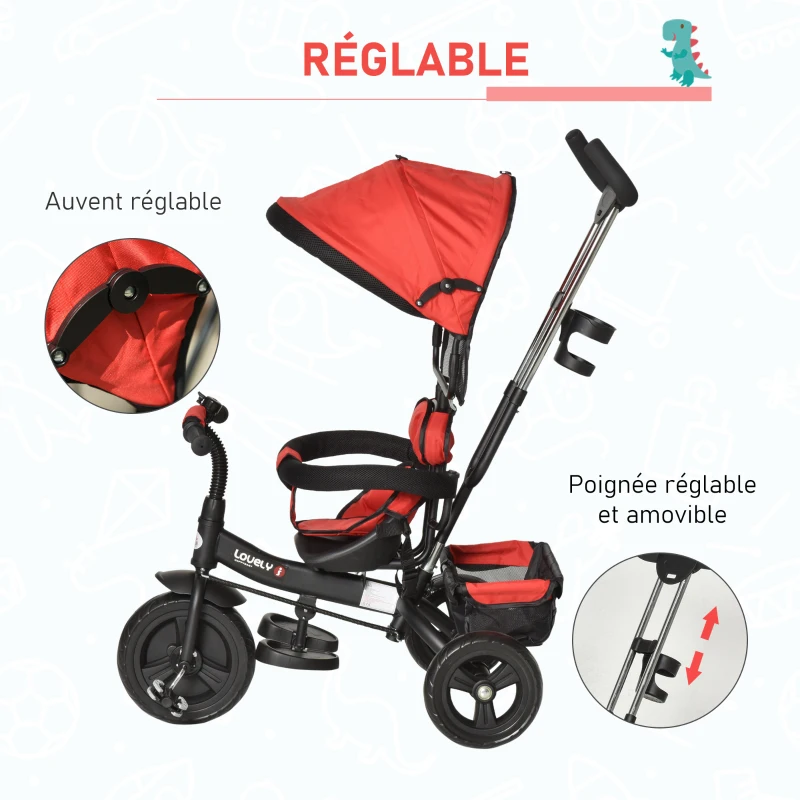 HOMCOM Tricycle Enfant évolutif Pare-Soleil Pliable Canne télescopique Amovible 92 x 51 x 110 cm Acier Rouge Noir