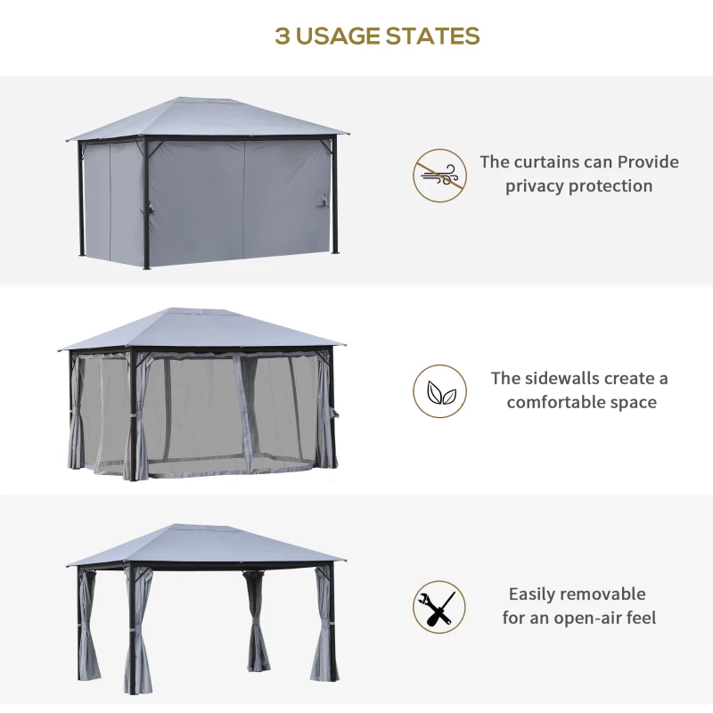 Outsunny 4 x 3(m) Garden Gazebo, Outdoor Pavilion Canopy Aluminum Party Tent Shelter with Curtains and Netting Sidewalls, Grey