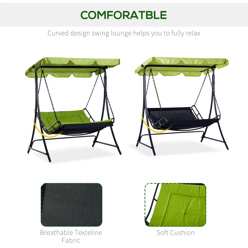 Outsunny 2 Seater Garden Swing Seat Bed, Sun Lounger with Adjustable Canopy, Cushioned Seat and Weather Resistant Steel Frame for Patio, Yard, Green