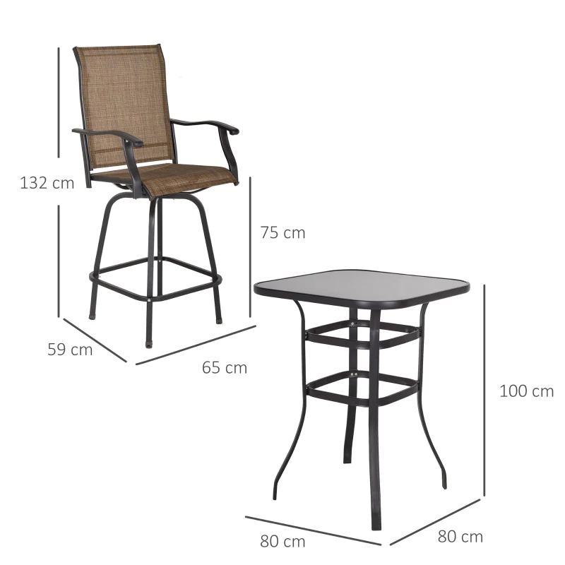 Outsunny Ensemble Salon de Jardin Bar 3 pièces 2 tabourets pivotants + 1 Table Bistro Plateau Verre trempé Acier textilène Marron