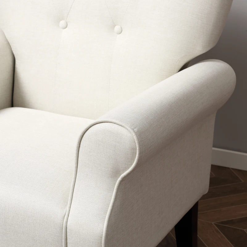 HOMCOM Fauteuil Classique Esprit bohème-Chic Dossier 5 Boutons accoudoirs courbés piètement Bois hévéa Noir revêtement Aspect Lin écru