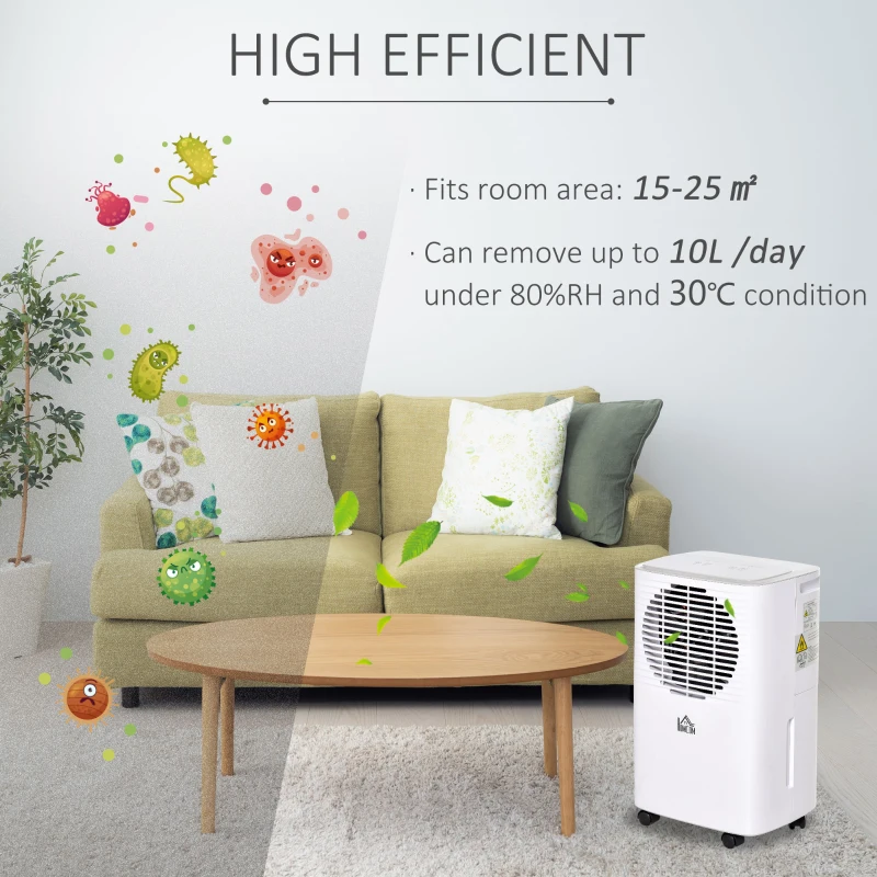 HOMCOM 10L/Day 2000ml Portable Dehumidifier with Humidity Display, 2 Speed Modes, Continuous Drainage and 24 Hour Timer for Bedroom, Living Room