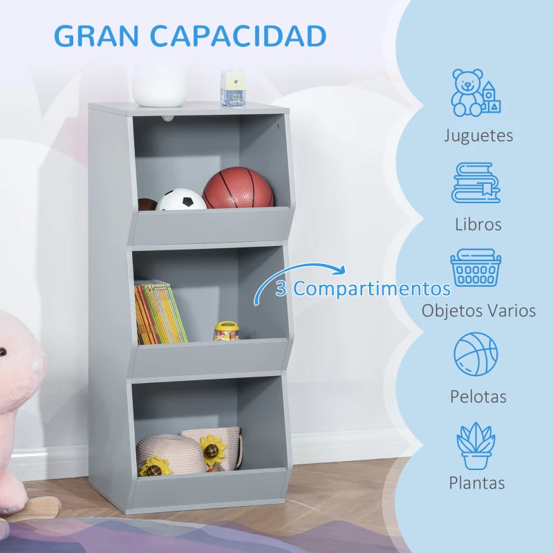 HOMCOM Estantería Infantil Librería de Madera para Niños con 3 Estantes Almacenamiento de Juguetes Libros para Habitación de los Niños Sala de Juegos 38x34,5x90 cm Gris